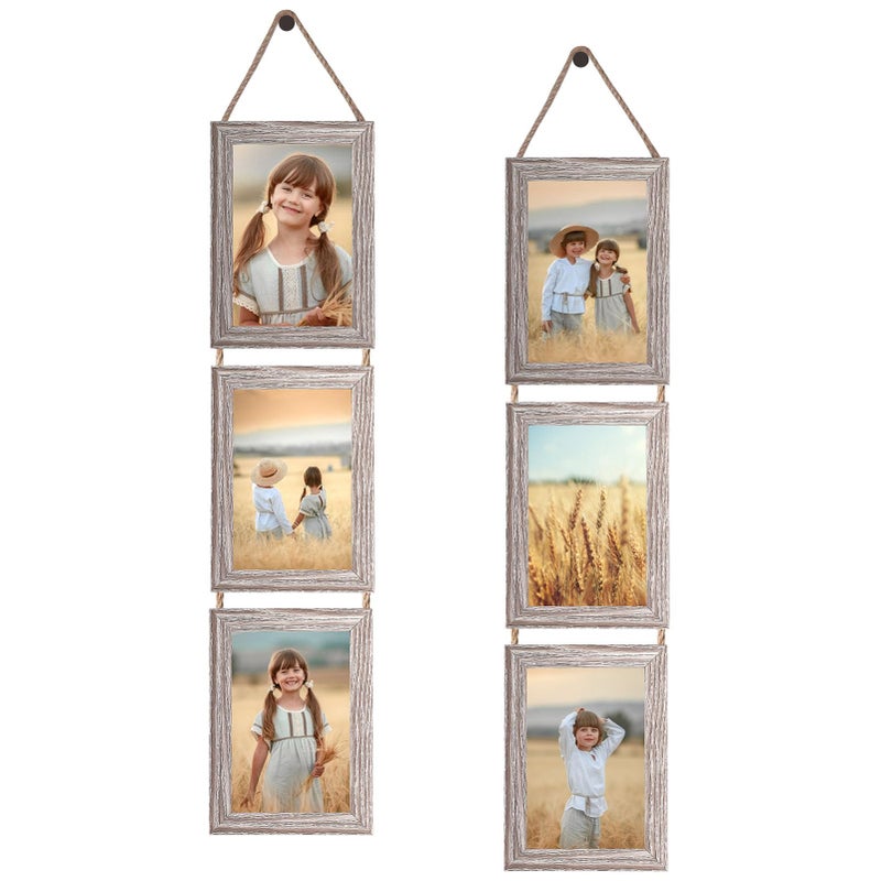 QUTREY 4x6 Collage Picture Frames 6 Openings Vertical Hanging Photo Frame Set of 2 4 by 6 inch Multi Picture Frames for Wall Decor Rustic Grain - Image 2