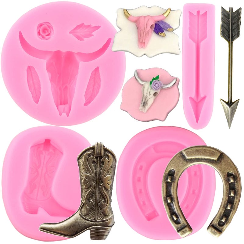 ZiXiang Bull Head Silicone Molds Horseshoe Hoof Fondant Mold Feather Arrow Chocolate Molds For Rose Flower Cupcake Cake Topper Decorating Sugar Craft Candy Gum Paste Set Of 4
