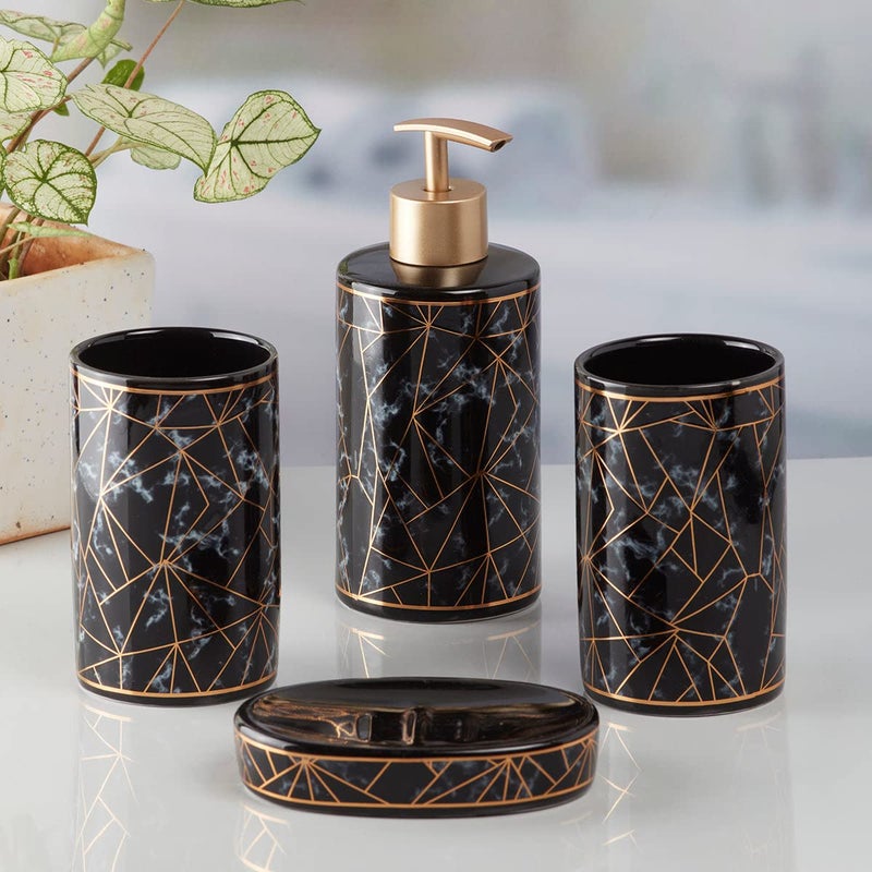 SaSaSa Ceramic Bathroom Accessories Set of 4 Modern Bath Set with Soap Dispenser & Toothbrush Holder, Luxury Home & Gift Idea, Black/Gold (9757) - Image 4