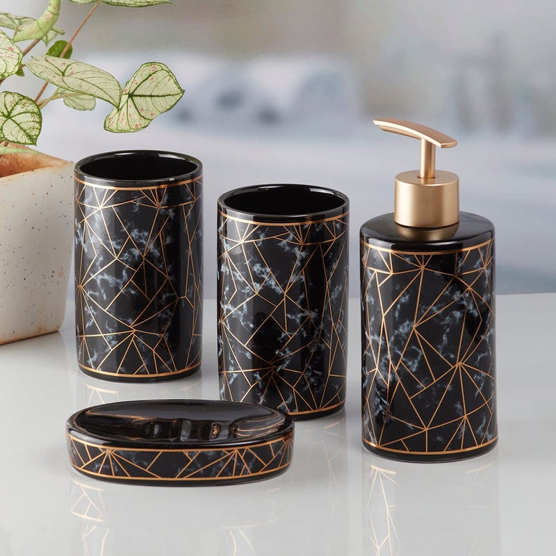 SaSaSa Ceramic Bathroom Accessories Set of 4 Modern Bath Set with Soap Dispenser & Toothbrush Holder, Luxury Home & Gift Idea, Black/Gold (9757) - Image 3