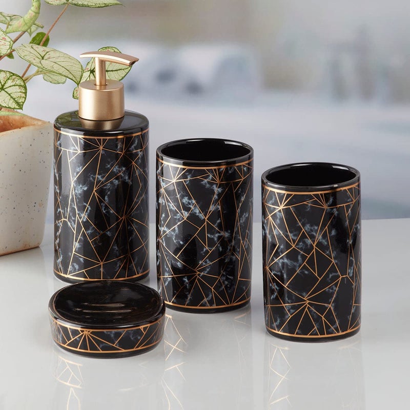 SaSaSa Ceramic Bathroom Accessories Set of 4 Modern Bath Set with Soap Dispenser & Toothbrush Holder, Luxury Home & Gift Idea, Black/Gold (9757) - Image 2