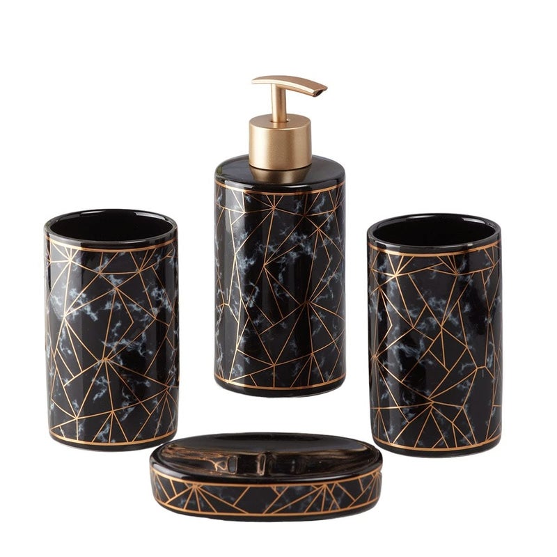SaSaSa Ceramic Bathroom Accessories Set of 4 Modern Bath Set with Soap Dispenser & Toothbrush Holder, Luxury Home & Gift Idea, Black/Gold (9757) - Image 5