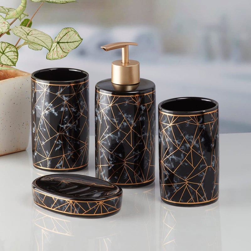 SaSaSa Ceramic Bathroom Accessories Set of 4 Modern Bath Set with Soap Dispenser & Toothbrush Holder, Luxury Home & Gift Idea, Black/Gold (9757) - Image 1