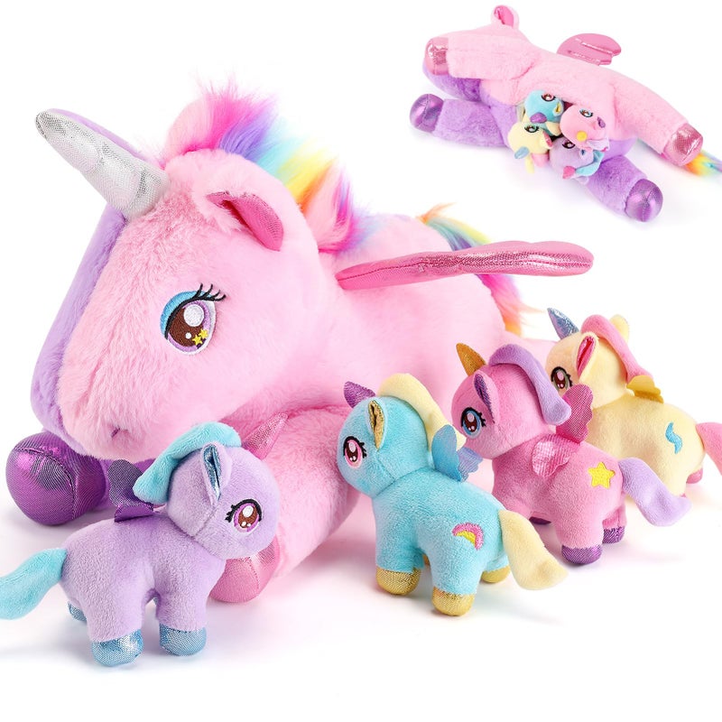 gnomantic 5 Pieces Unicorn Stuffed Animals - 1 Mommy Stuffed Unicorn with 4 Babies - Unicorns Gifts for Girls Ages 3-8, Unicorns Plush Toys for Christmas, Valentine's, Birthday Gifts (Pink & Purple) - Image 1