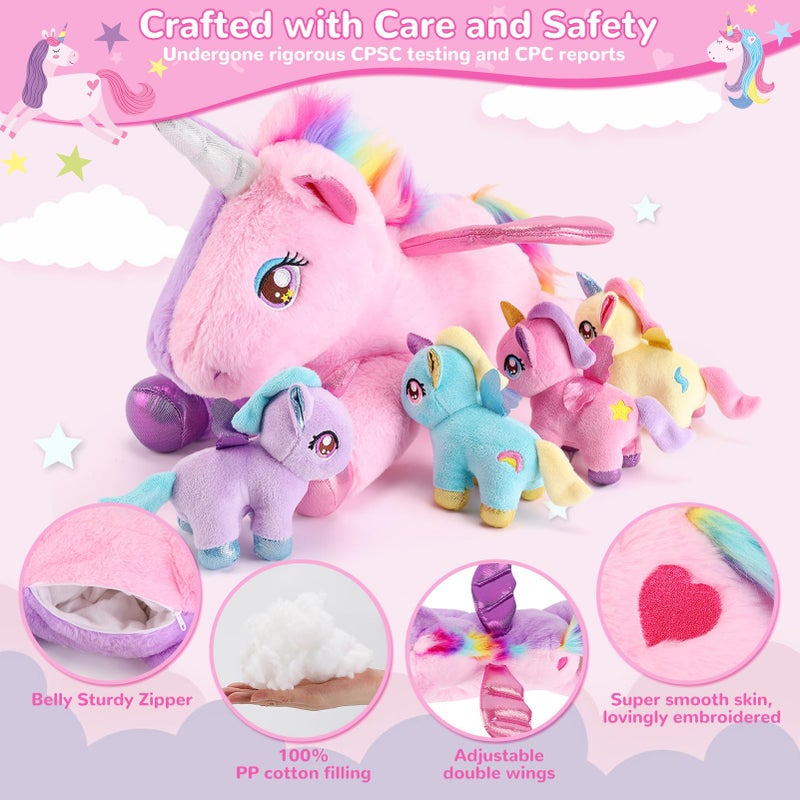gnomantic 5 Pieces Unicorn Stuffed Animals - 1 Mommy Stuffed Unicorn with 4 Babies - Unicorns Gifts for Girls Ages 3-8, Unicorns Plush Toys for Christmas, Valentine's, Birthday Gifts (Pink & Purple) - Image 4