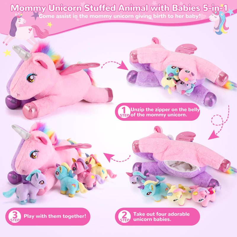gnomantic 5 Pieces Unicorn Stuffed Animals - 1 Mommy Stuffed Unicorn with 4 Babies - Unicorns Gifts for Girls Ages 3-8, Unicorns Plush Toys for Christmas, Valentine's, Birthday Gifts (Pink & Purple) - Image 2