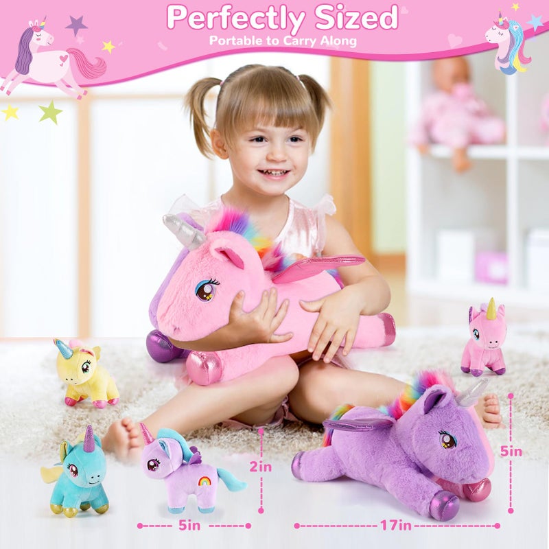gnomantic 5 Pieces Unicorn Stuffed Animals - 1 Mommy Stuffed Unicorn with 4 Babies - Unicorns Gifts for Girls Ages 3-8, Unicorns Plush Toys for Christmas, Valentine's, Birthday Gifts (Pink & Purple) - Image 3