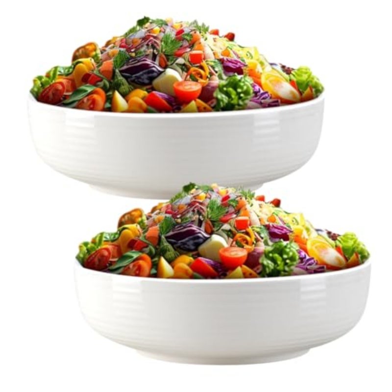 Large Serving Bowls Set, Ceramics Pasta Plates, 2PCS 9.5'' Salad Bowl Set for Serving Soup, Pasta, Noodle, Kitchen Tableware Plate Mixing Containers, White Big Soup Bowls Plates, Microwave Dishwasher Safe - Image 1