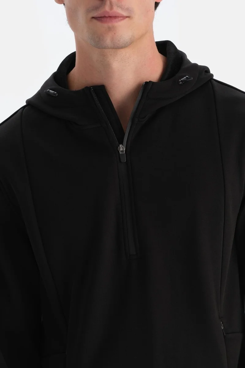 داجي Black Men's Zipper Collar Hooded Thermal Sweatshirt