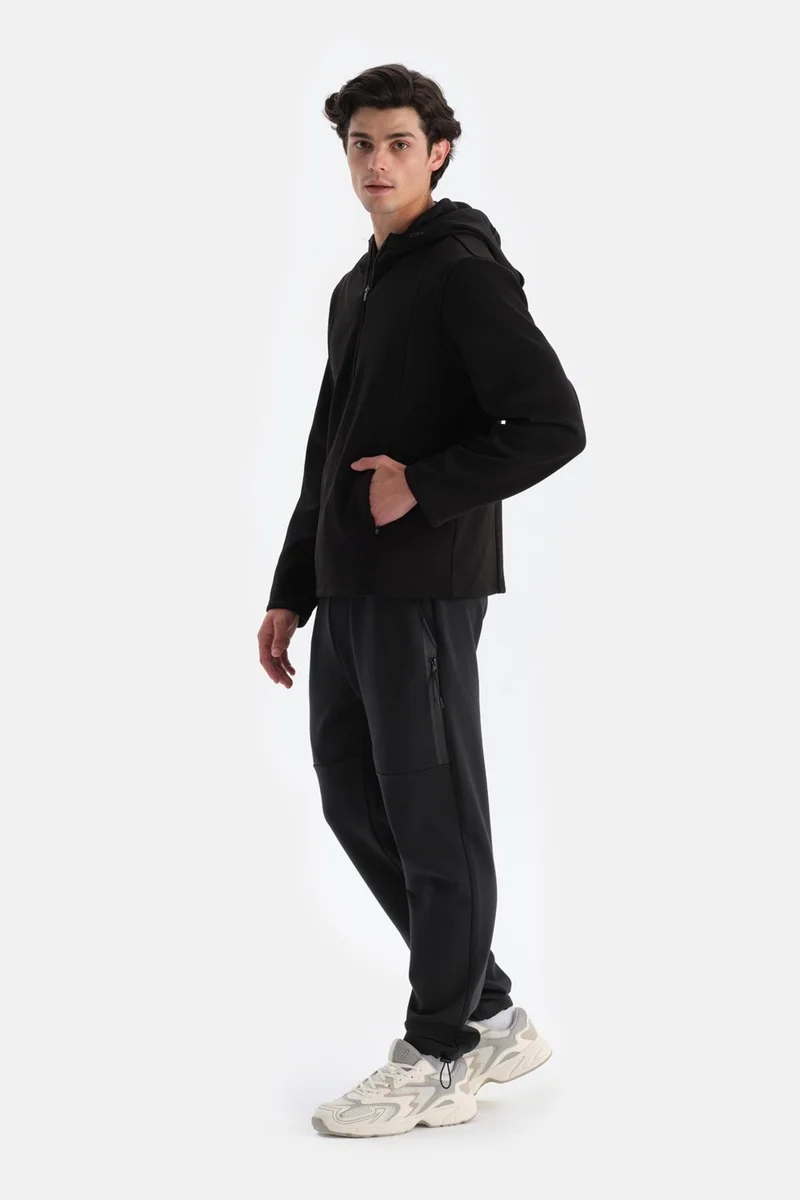 داجي Black Men's Zipper Collar Hooded Thermal Sweatshirt