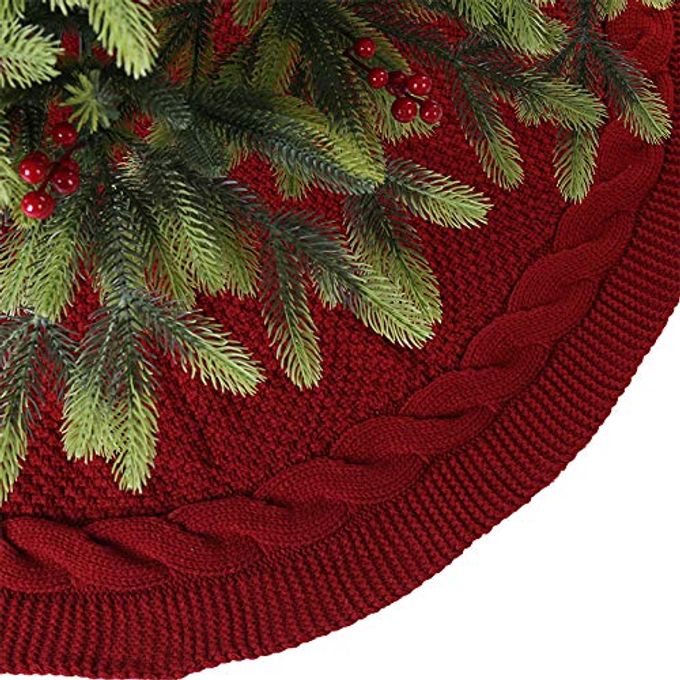 CHRISTMAS TREE SKIRT 48 INCHES LUXURY CABLE KNIT KNITTED THICK RUSTIC XMAS HOLIDAY DECORATION BURGUNDY