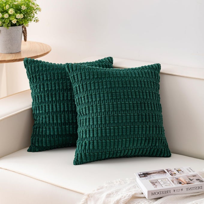 PACK OF 2 CORDUROY DECORATIVE THROW PILLOW COVERS 18X18 INCHSOFT BOHO STRIPED PILLOW COVERS MODERN FARMHOUSE HOME DECOR FOR SOFA LIVING ROOM COUCH BEDBLACKISH GREEN