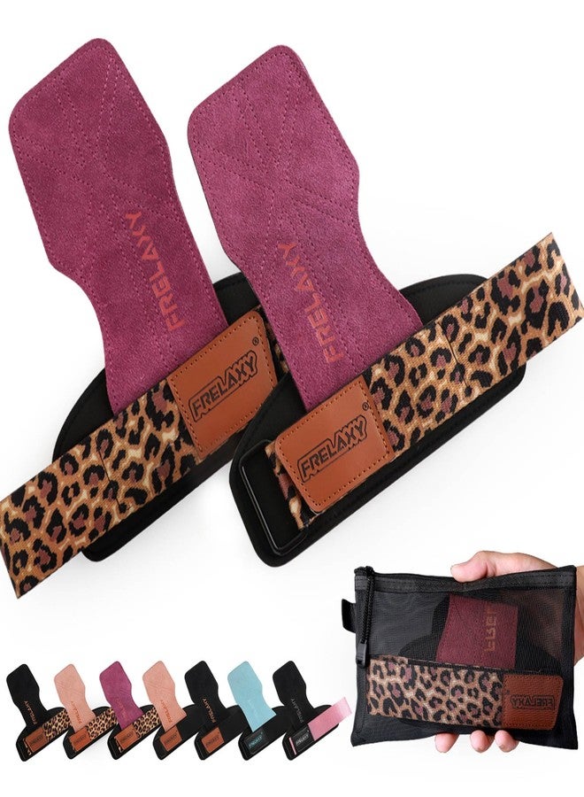 Frelaxy Weight lifting Wrist Straps for Women, Weightlifting Grips with Cushion Wrist Loop, Double Layer Leather, and Storage Pouch, Women's Gym Gloves for Deadlift and Powerlifting (Purple/Leopard) - Image 1