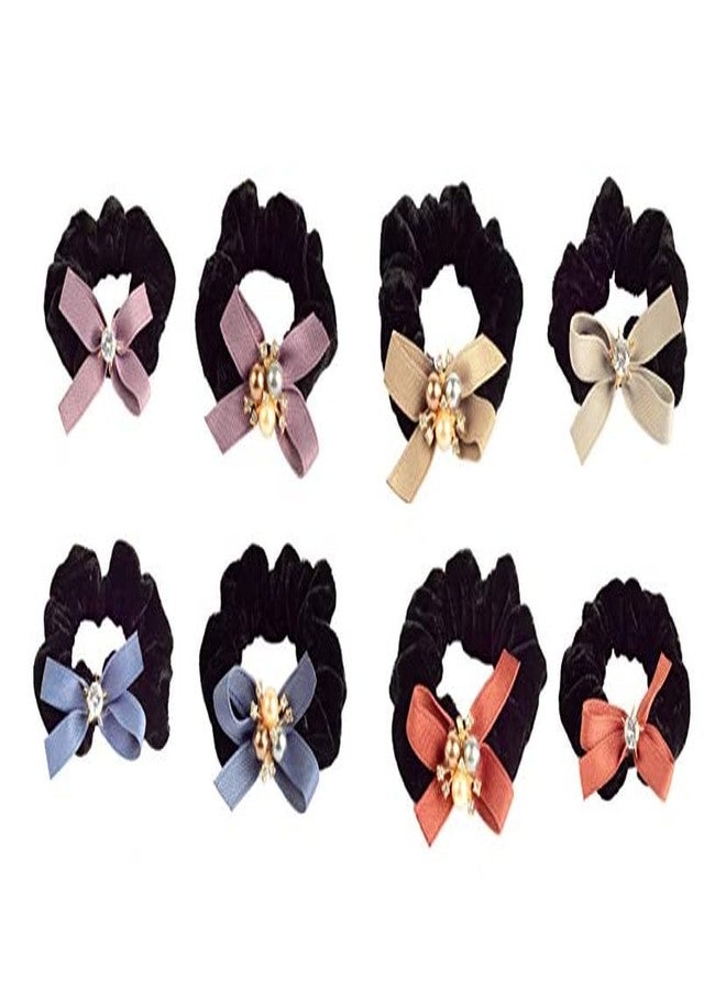 STRIPES® essentials Any 4Pcs Fashion Velvet Scrunchies For Women and Girls, Crystal Hair Band For Women, Ponytail Holder, Rubber Band, Large Scurnchies, Fluffy Scrunchies, Girls Hair Accessories - Pack of 4 - Image 1