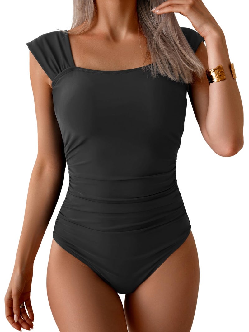 B2prity Womens One Piece Swimsuit Retro Square Neck Tummy Control Bathing Suits Ruched Modest Full Coverage Swimwear(Black) - Image 1