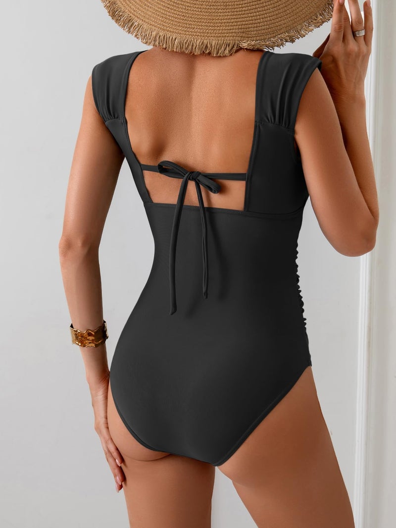 B2prity Womens One Piece Swimsuit Retro Square Neck Tummy Control Bathing Suits Ruched Modest Full Coverage Swimwear(Black) - Image 4
