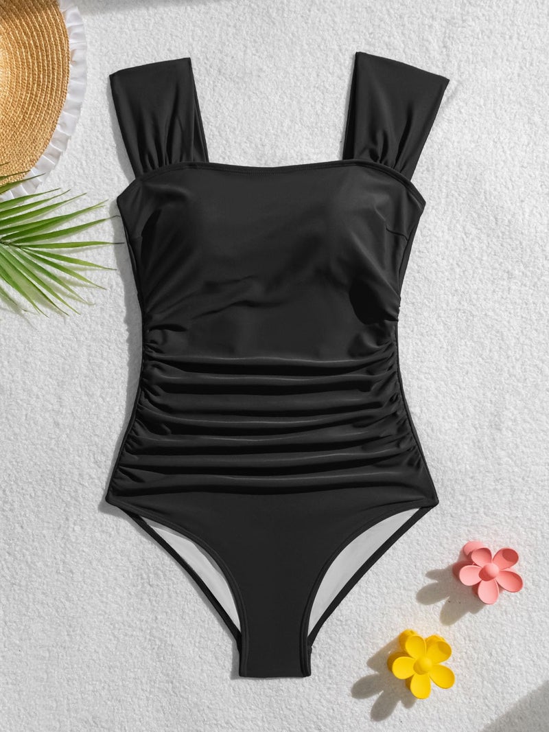 B2prity Womens One Piece Swimsuit Retro Square Neck Tummy Control Bathing Suits Ruched Modest Full Coverage Swimwear(Black) - Image 5