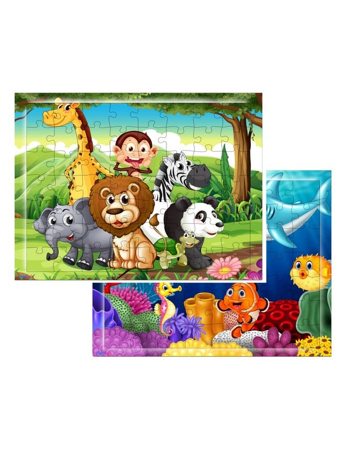 Fiddlys 54 Pcs Wood Jigsaw Puzzles for Kids & Children Age 6+ Animal World and Sea World (Animal+Sea) - Image 1