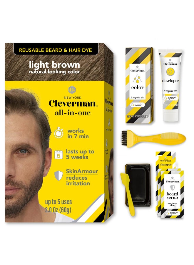 CLEVERMAN Reusable Hair Beard Dye for Men Light Brown Up to 5 Uses 7 Minutes Natural Gray Coverage NoDrip Cream with SkinArmour Cleverman - Image 2