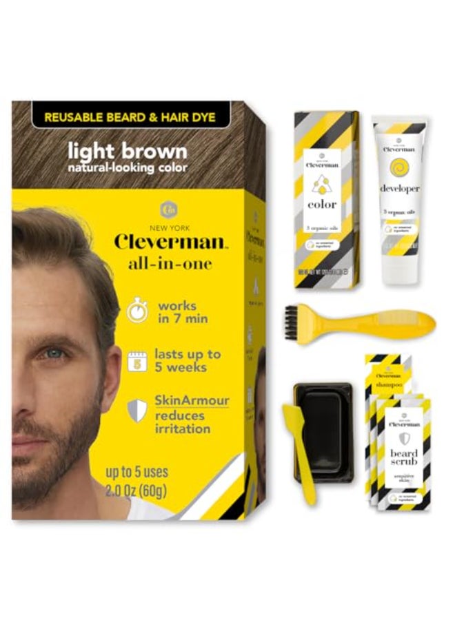 CLEVERMAN Reusable Hair Beard Dye for Men Light Brown Up to 5 Uses 7 Minutes Natural Gray Coverage NoDrip Cream with SkinArmour Cleverman - Image 1