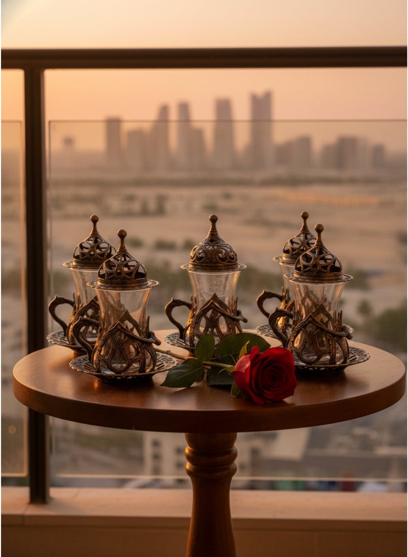 Acar Handmade Copper & Glass Turkish Tea Set (6 Glass Cups with Openable Tops (for Chocolate, Dates, or Turkish Delights) with Copper Saucers, Holders) – Antique Bronze Finish, Luxurious Design from Türkiye - Image 3