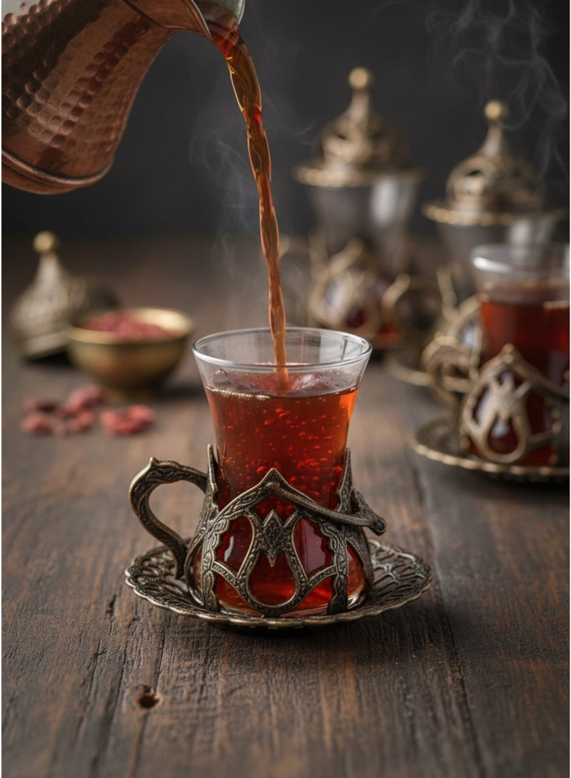 Acar Handmade Copper & Glass Turkish Tea Set (6 Glass Cups with Openable Tops (for Chocolate, Dates, or Turkish Delights) with Copper Saucers, Holders) – Antique Bronze Finish, Luxurious Design from Türkiye - Image 4