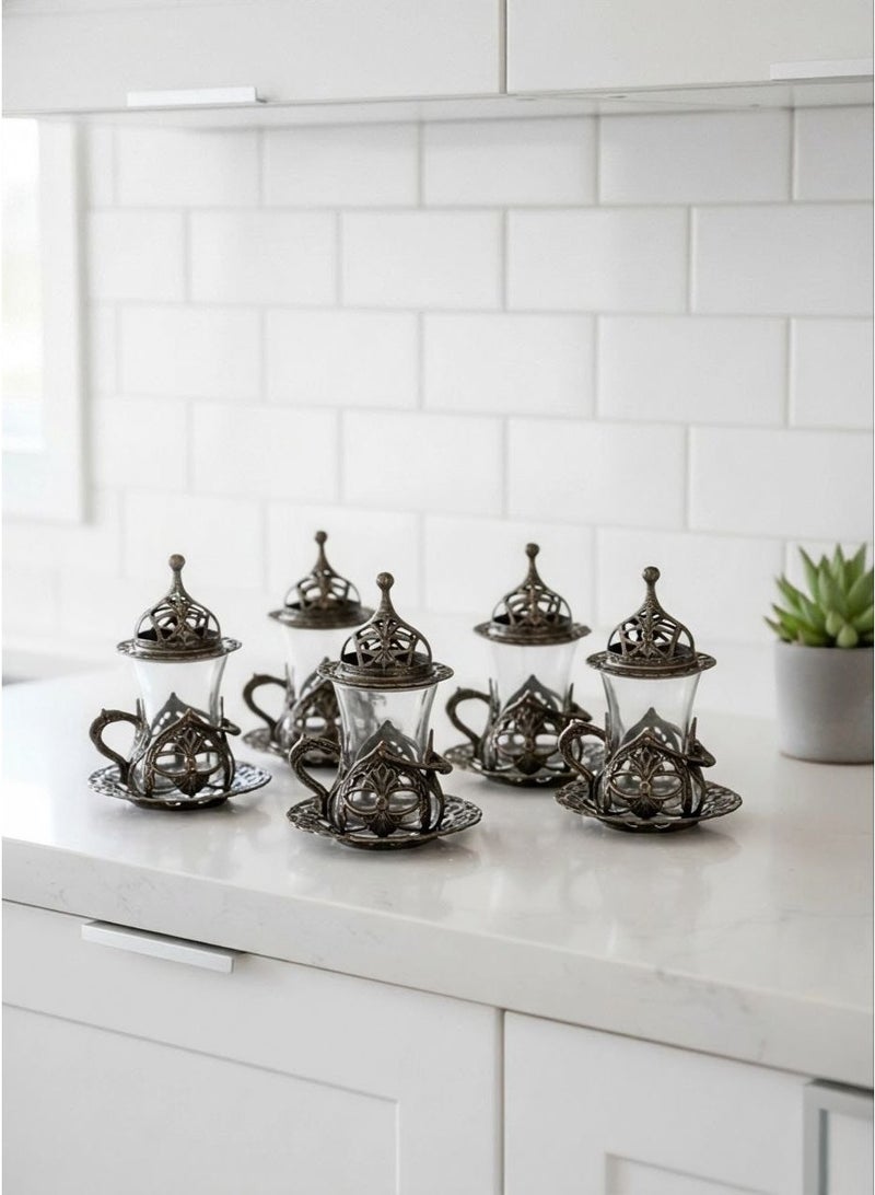 Acar Handmade Copper & Glass Turkish Tea Set (6 Glass Cups with Openable Tops (for Chocolate, Dates, or Turkish Delights) with Copper Saucers, Holders) – Antique Bronze Finish, Luxurious Design from Türkiye - Image 1