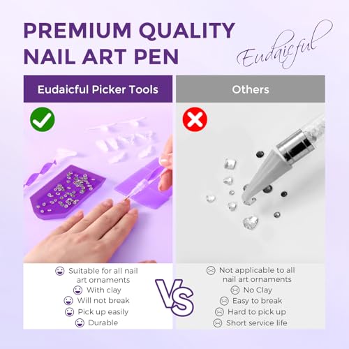 Eudaicful Rhinestone Picker Tool Kit: 2Pcs Rhinestone Applicator Handle, Dual-Ended Bedazzling Tools Pen with 12 Upgraded Plastic Replacement Tips, Clay for DIY Nail Art Craft (Purple) - Image 3