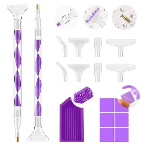 Eudaicful Rhinestone Picker Tool Kit: 2Pcs Rhinestone Applicator Handle, Dual-Ended Bedazzling Tools Pen with 12 Upgraded Plastic Replacement Tips, Clay for DIY Nail Art Craft (Purple) - Image 1