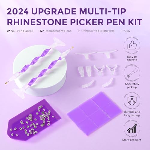 Eudaicful Rhinestone Picker Tool Kit: 2Pcs Rhinestone Applicator Handle, Dual-Ended Bedazzling Tools Pen with 12 Upgraded Plastic Replacement Tips, Clay for DIY Nail Art Craft (Purple) - Image 2