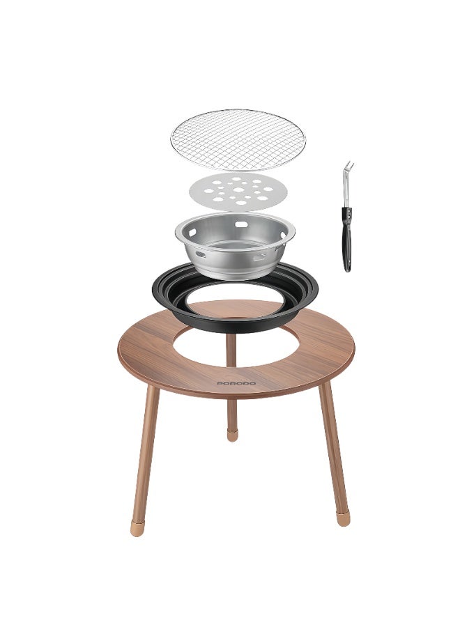 porodo Tripod-Base Outdoor Round Grill Table with Removable Charcoal Bowl / Heat Shield Ring / Ideal for BBQ, Beach Picnics, Camping Trips and Balcony Grilling/ Portable & Easy Setup - Brown - Image 5