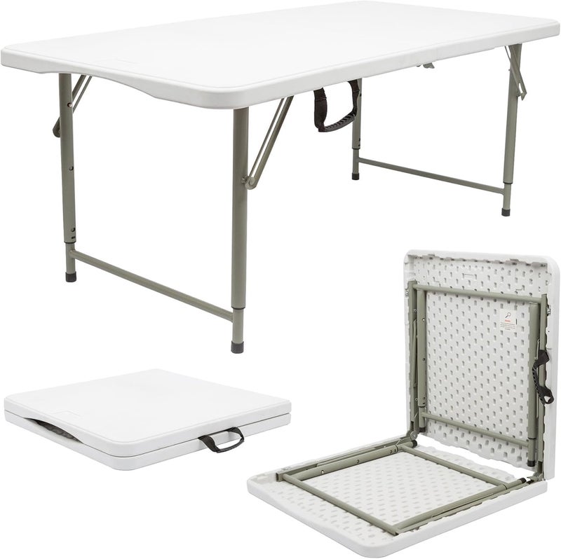 SKY-TOUCH Folding Lightweight Trestle Outdoor Camping Table, Heavy Duty Plastic Outdoor Picnic Table, Folds in Half with Carry Handle, White - Image 1
