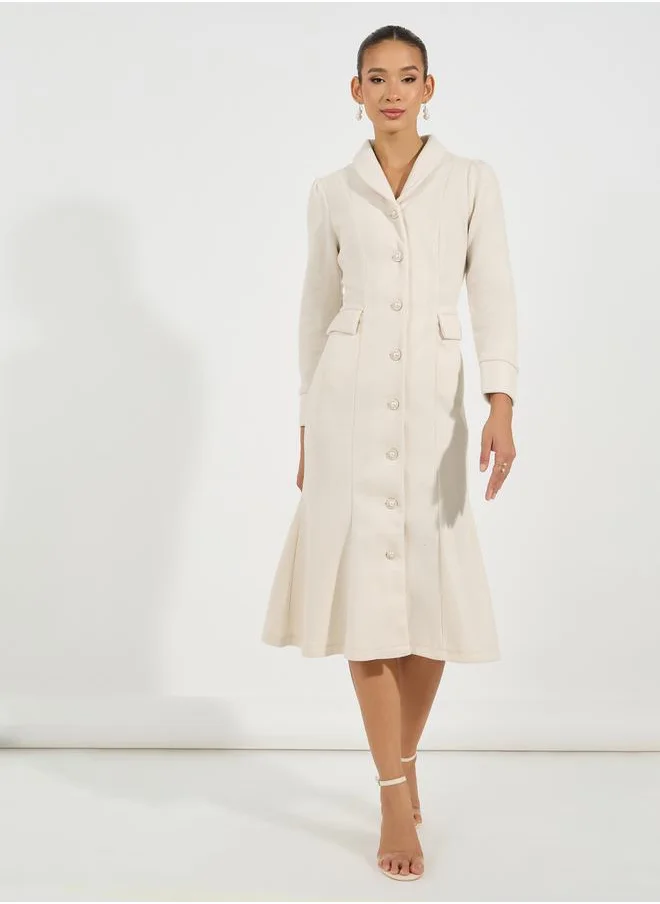 Styli Shawl Collar Wool Like Blazer Midi Dress with Flap Detail