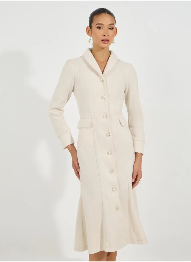 Styli Shawl Collar Wool Like Blazer Midi Dress with Flap Detail