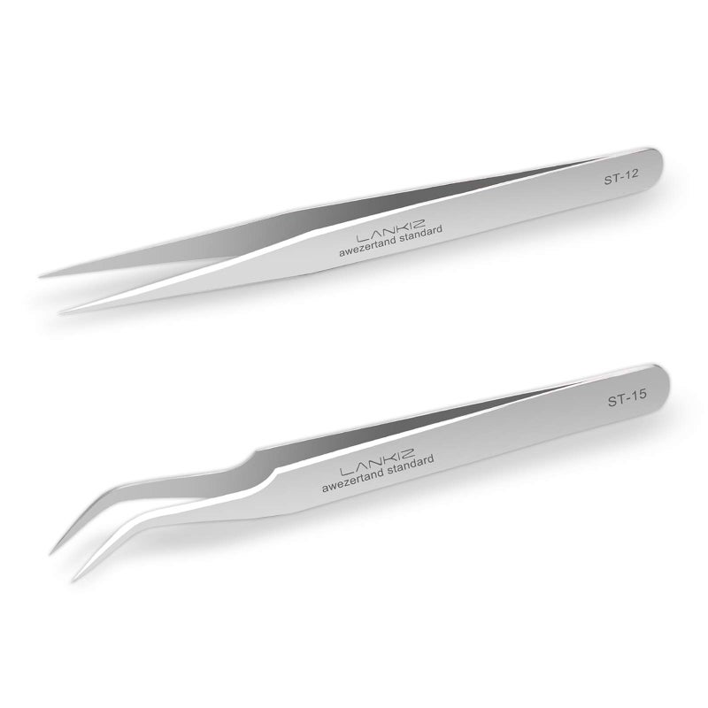 LANKIZ Eyelash Extension Tweezers Stainless Steel Straight and Curved Volume Lash Tweezers Set for Eyelash Extension Professional Applicator ToolSilver