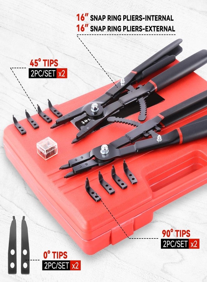 Auto Dynasty 16" Snap Ring Pliers Set 2pcs Heavy Duty Circlip Pliers Tools Internal External with 0° 15° 45° 90° Tips and Various Angled Tips - Image 4