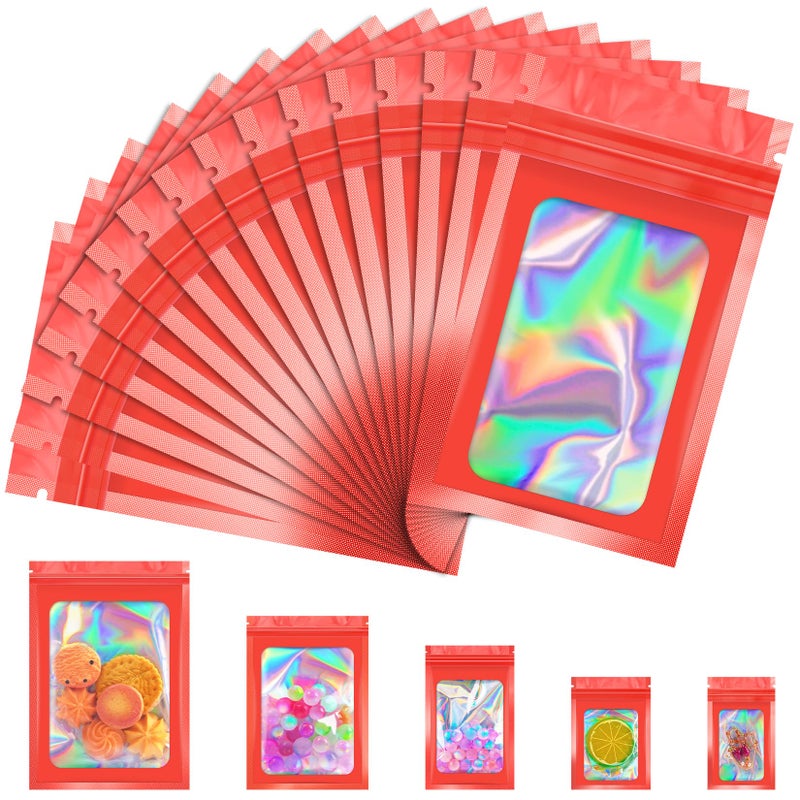 JETMORE 100 Pcs Mylar Bags, Smell Proof Bags Foil Pouch, Holographic Resealable Bags for Small Business, Candy Sample Jewelry Bag Sealable Packaging for Party Favor Food Storage (2.8x3.9in-Red) - Image 1