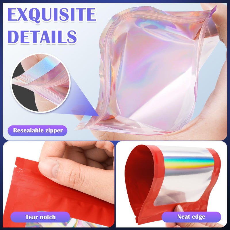 JETMORE 100 Pcs Mylar Bags, Smell Proof Bags Foil Pouch, Holographic Resealable Bags for Small Business, Candy Sample Jewelry Bag Sealable Packaging for Party Favor Food Storage (2.8x3.9in-Red) - Image 5
