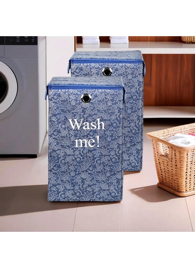 Kuber Industries Kuber Industries (Pack of 2) Clothes Basket | 75 LTR | Toy Storage Box with Ring | Velcro Lid | Clothes Dress Bin | Flower Print | Foldable Laundry Basket | Washing Cloth Basket | Navy Blue  - Image 1