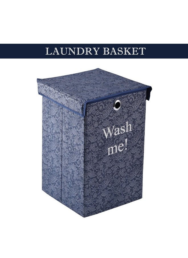 Kuber Industries Kuber Industries (Pack of 2) Clothes Basket | 75 LTR | Toy Storage Box with Ring | Velcro Lid | Clothes Dress Bin | Flower Print | Foldable Laundry Basket | Washing Cloth Basket | Navy Blue  - Image 2