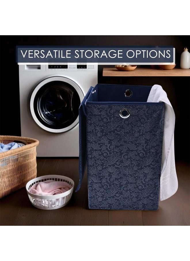 Kuber Industries Kuber Industries (Pack of 2) Clothes Basket | 75 LTR | Toy Storage Box with Ring | Velcro Lid | Clothes Dress Bin | Flower Print | Foldable Laundry Basket | Washing Cloth Basket | Navy Blue  - Image 4