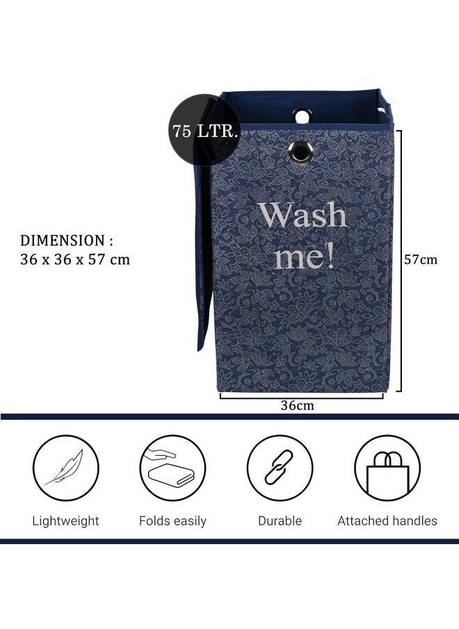 Kuber Industries Kuber Industries (Pack of 2) Clothes Basket | 75 LTR | Toy Storage Box with Ring | Velcro Lid | Clothes Dress Bin | Flower Print | Foldable Laundry Basket | Washing Cloth Basket | Navy Blue  - Image 3