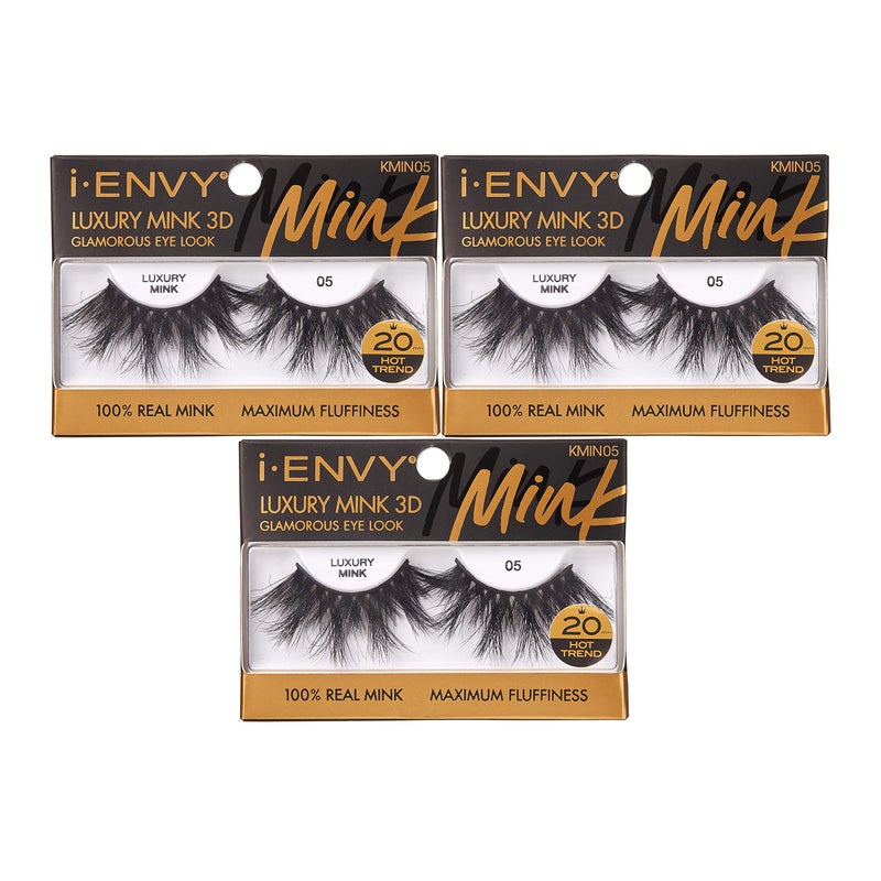iENVY Luxury Mink Collection False Eyelashes 100 Real Mink Glamorous Eye Look Lashes Maximum Fluffiness 3D MultiCurl Angle 3 Pack