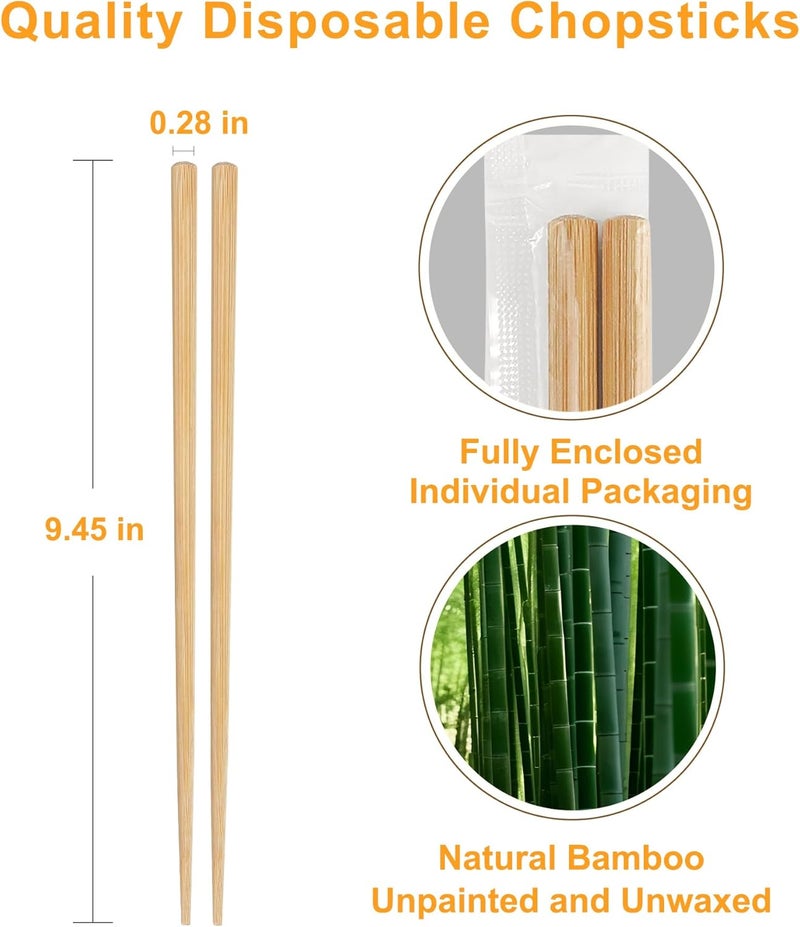 LOROTOCO 100Pairs Bamboo Chopsticks Disposable | Individually Wrapped | Bulk | Separated | Round | Premium Quality-（9.45in) - Image 2
