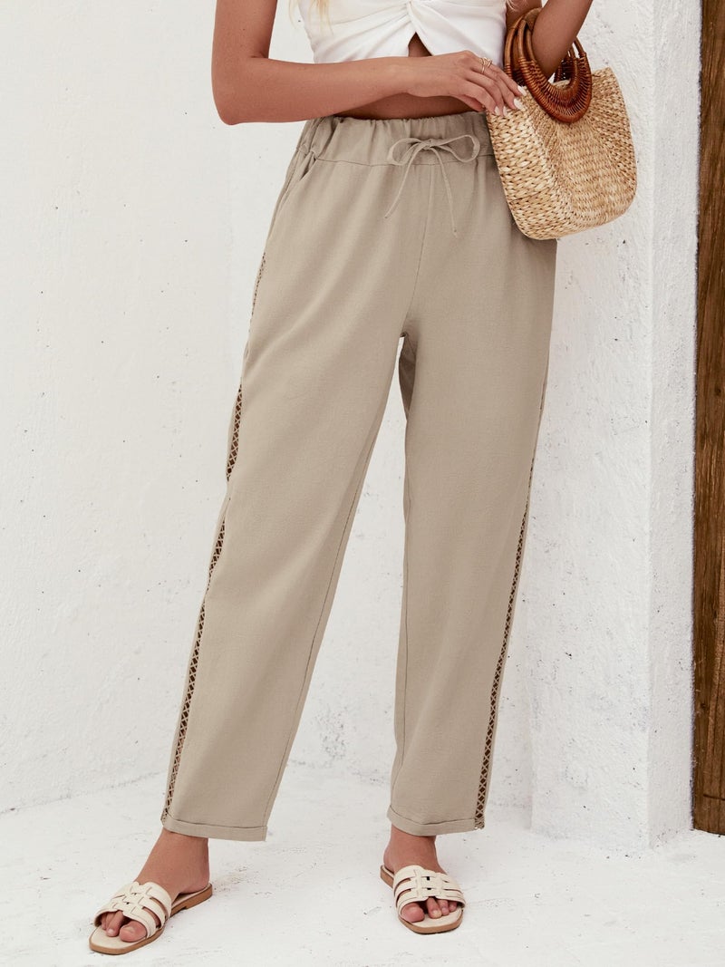 Puimentiua Women's Linen Capri Pants with Drawstring Petite Summer Beachwear Lightweight Elastic Waist Pants, Khaki, M - Image 5