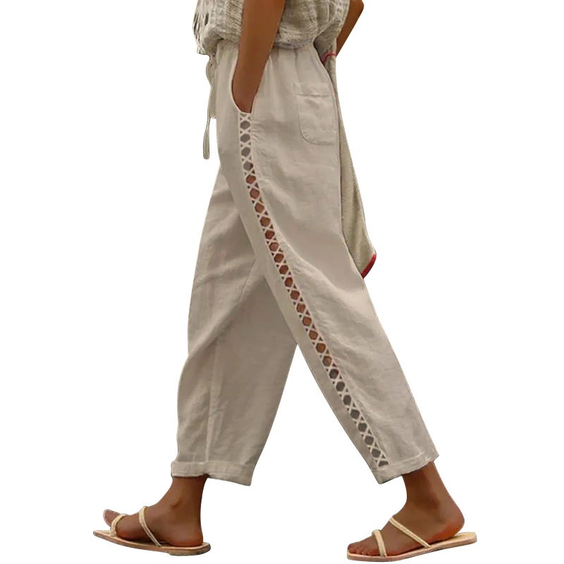 Puimentiua Women's Linen Capri Pants with Drawstring Petite Summer Beachwear Lightweight Elastic Waist Pants, Khaki, M - Image 1