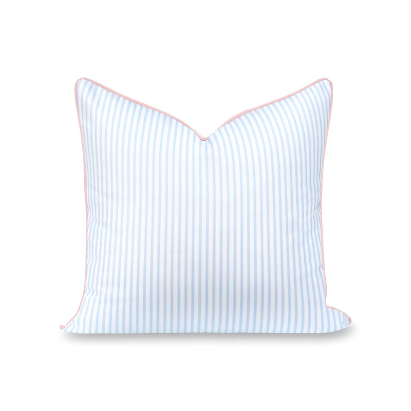 Hofdeco Premium Coastal Grandmillennial Patio Indoor Outdoor Throw Pillow Cover Only, 20"x20" Water Repellent for Backyard, Couch, Poolside, Baby Blue Pink Print Stripes - Image 1