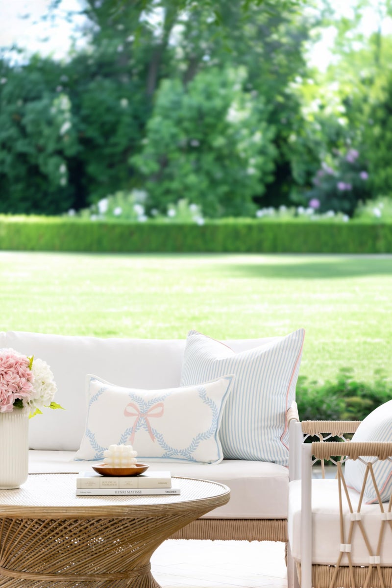 Hofdeco Premium Coastal Grandmillennial Patio Indoor Outdoor Throw Pillow Cover Only, 20"x20" Water Repellent for Backyard, Couch, Poolside, Baby Blue Pink Print Stripes - Image 2