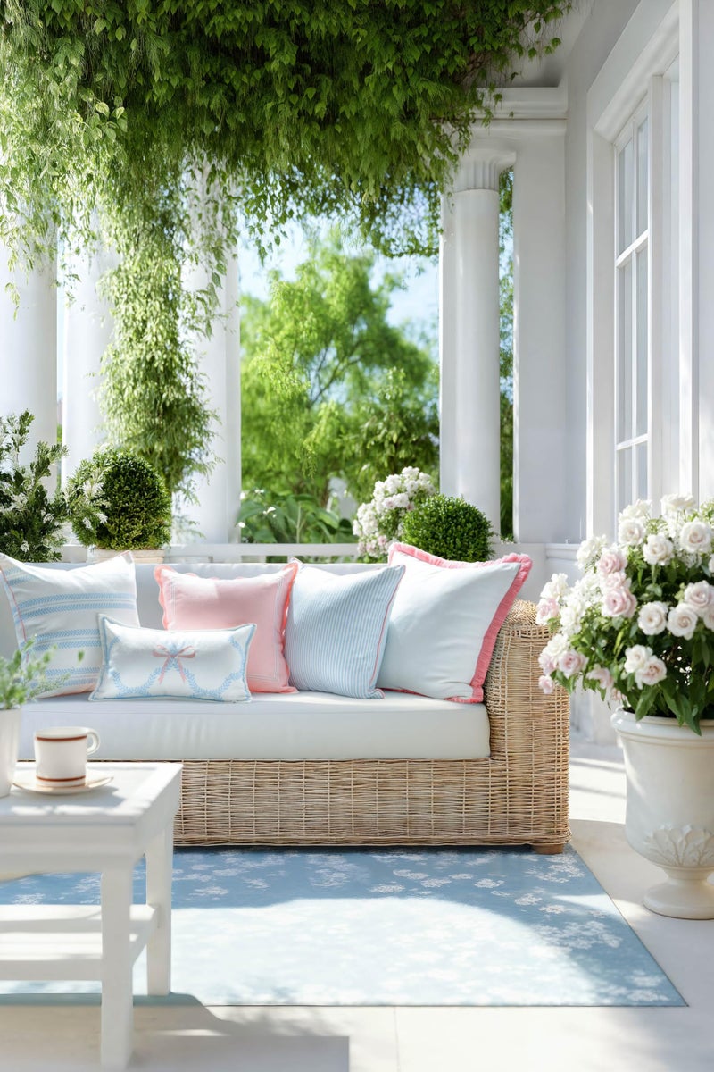 Hofdeco Premium Coastal Grandmillennial Patio Indoor Outdoor Throw Pillow Cover Only, 20"x20" Water Repellent for Backyard, Couch, Poolside, Baby Blue Pink Print Stripes - Image 3
