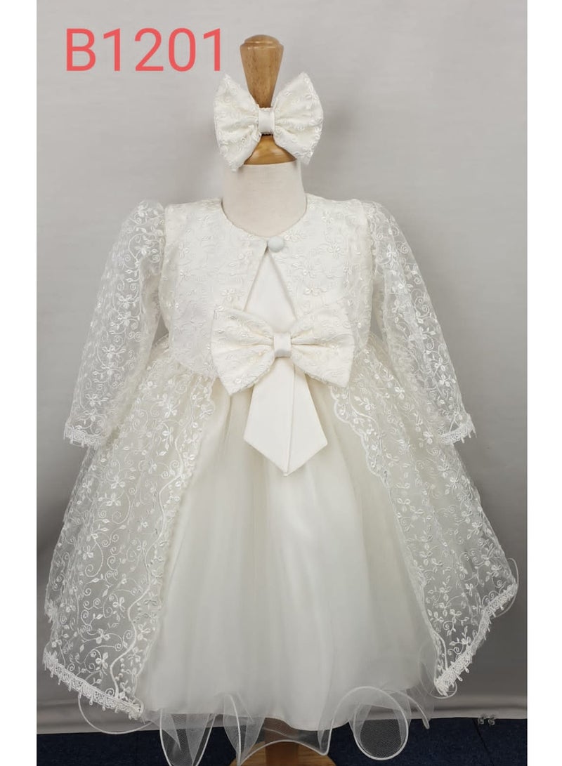 Full Sleeved Baby Girls Ribbon Dress with A Lovely Matching Headband